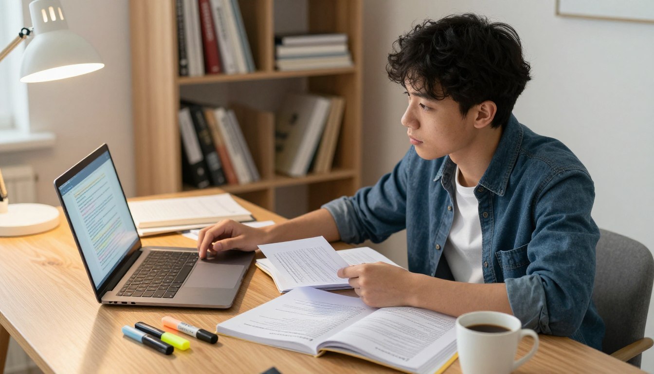 Student checking AI explanations against lecture notes